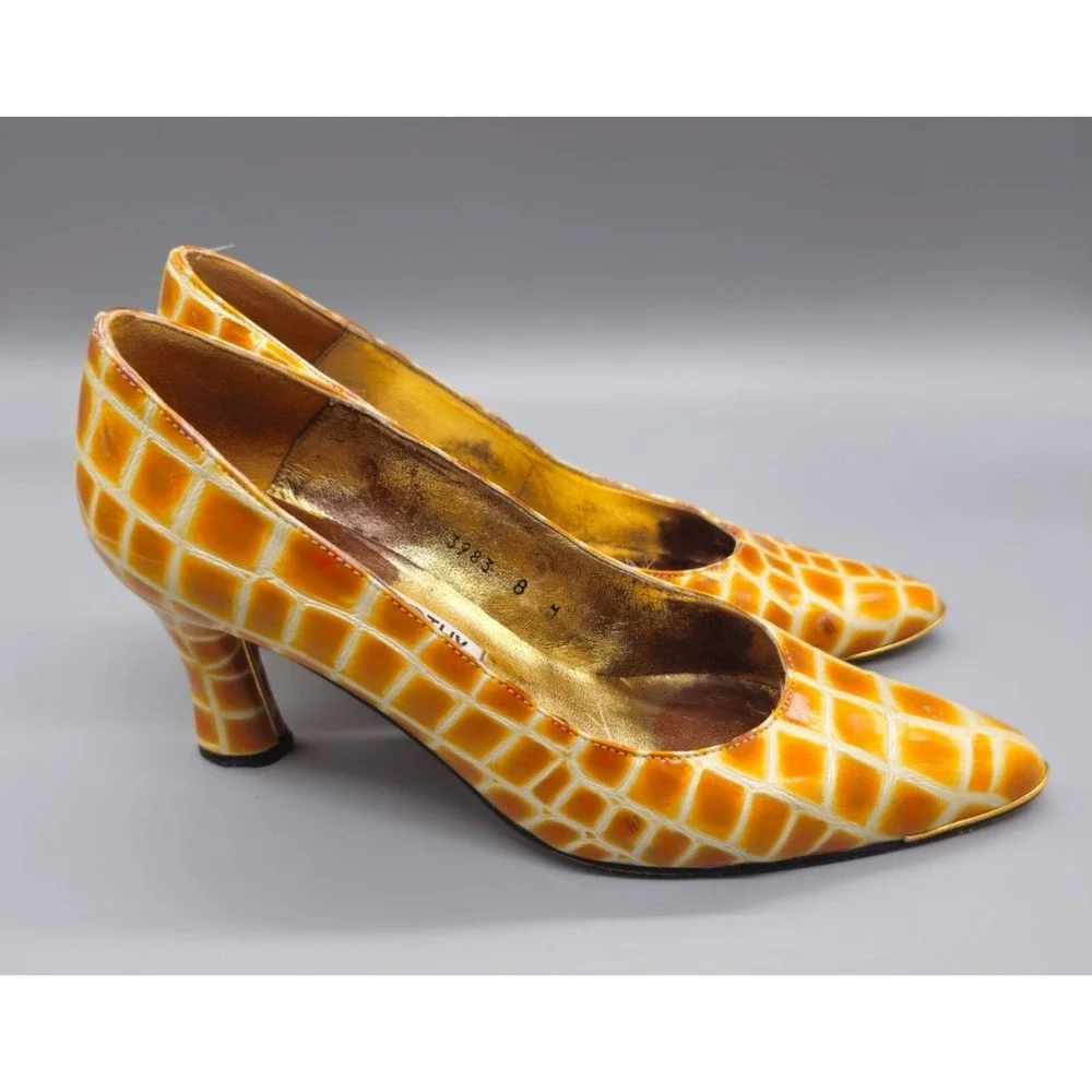 Vintage Timothy Hitsman Women 8M Yellow Marbled Square Heels Pump Spain Made